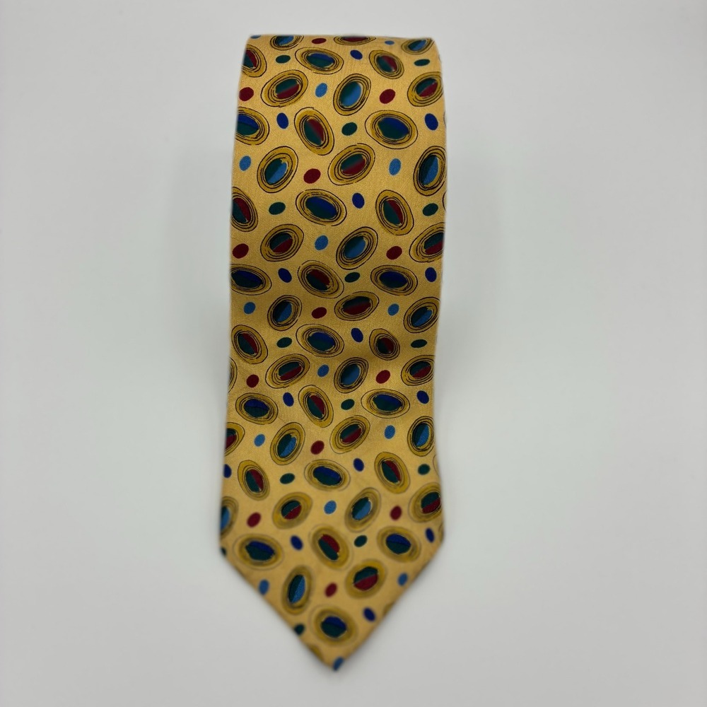 Gold Silk Necktie Geometric Oval Print Robert Anthony Made in Italy